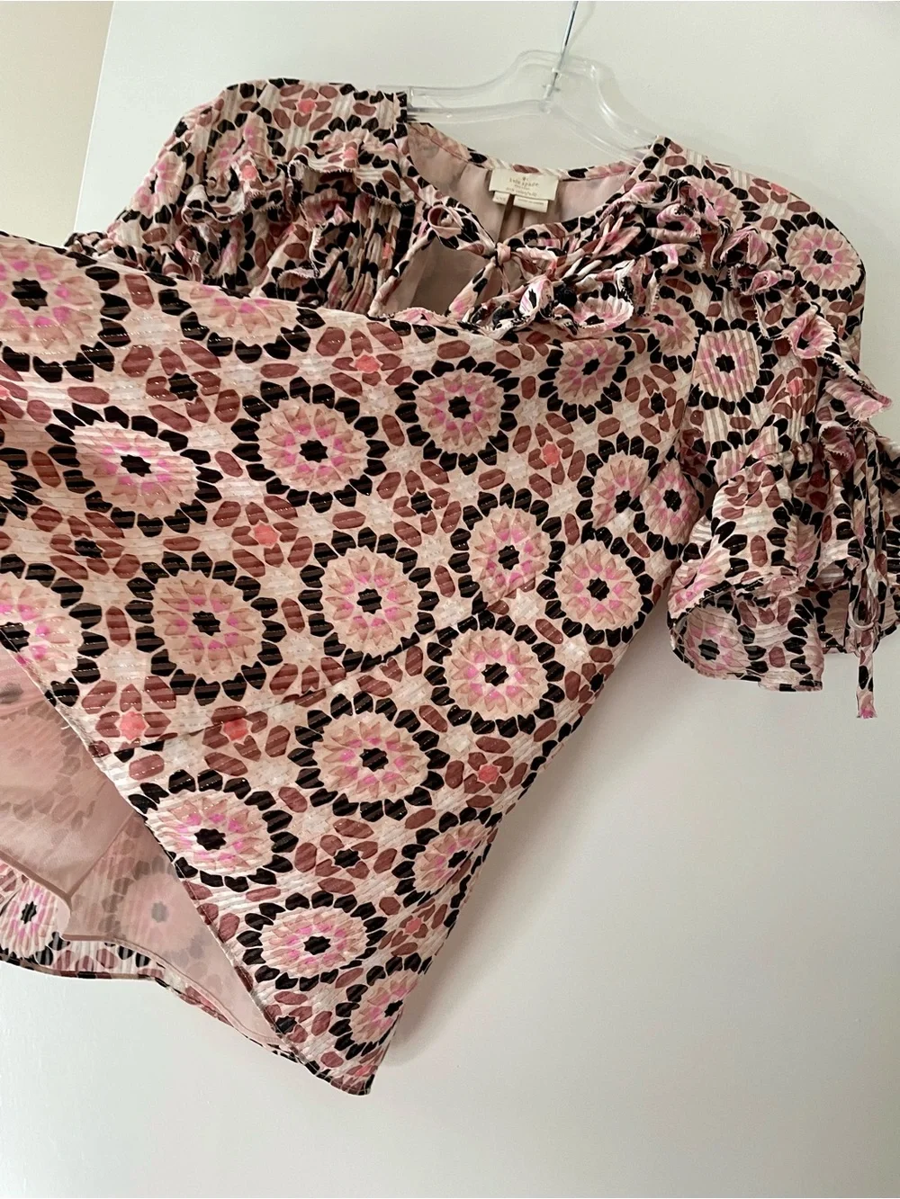 kate spade Ruffle Sleeve Silk Blend Top XXS Pink Floral Mosaic By the Pool Lined